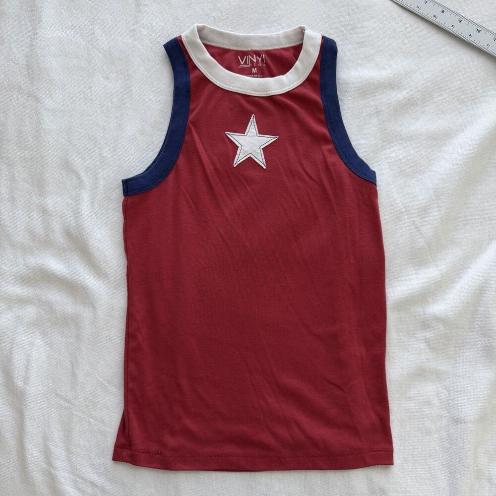 Vinyl Icons Women's Red Star Crew Neck Sleeveless Cropped Knit Tank Top M - Picture 5 of 6